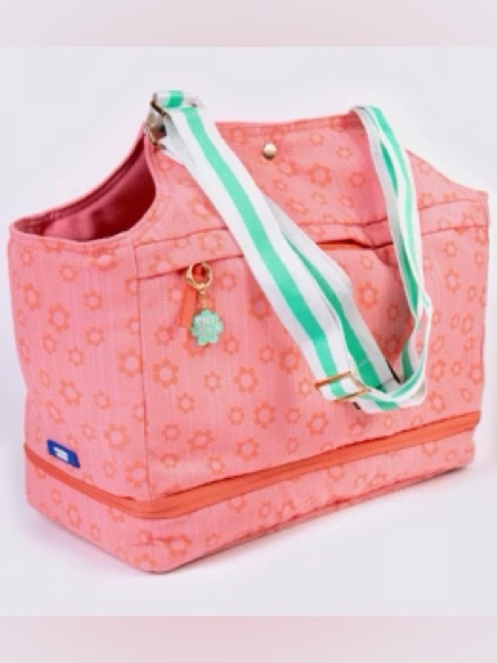 Peach Floral Small Pet Carrier Tote with Green-Striped Strap